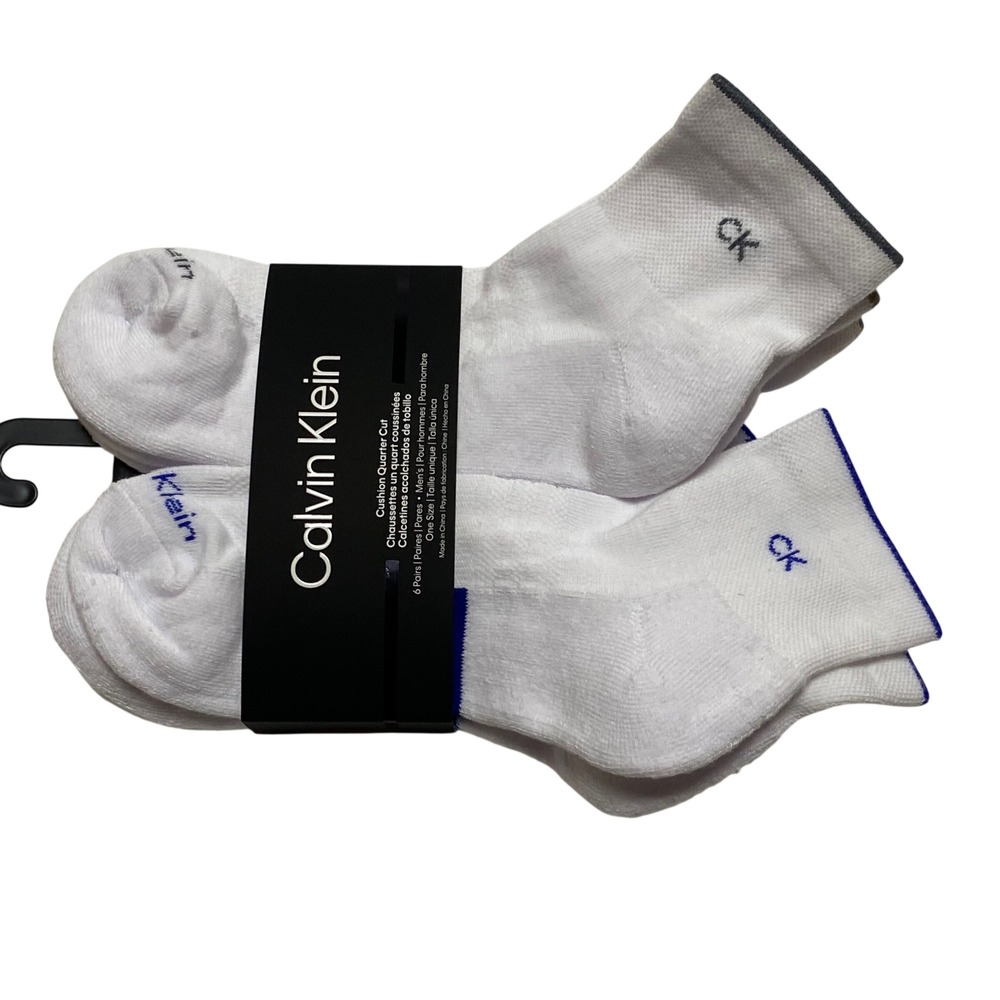 Calvin Klein Mens 6 Pack Cushion Quarter Cut Socks White Blue Grey NWT